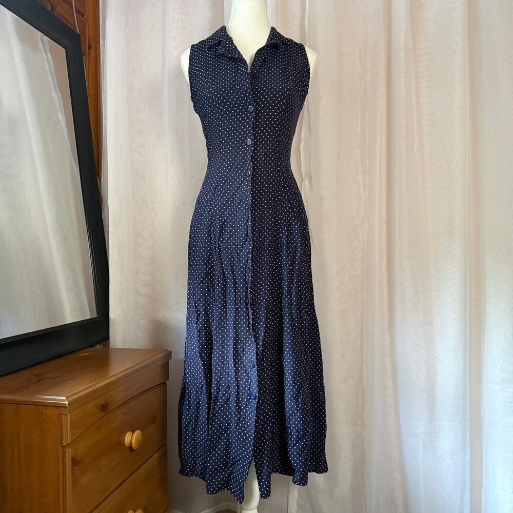 Vintage Y2K Navy Polka Dot Collared Midi Dress Tie Back 90s Secretary Sz XS/S